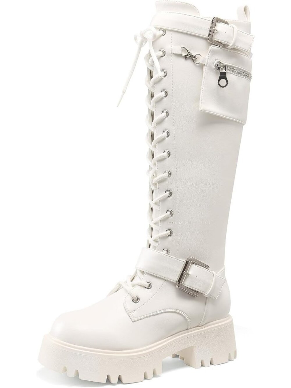 Women's White Faux Leather Lace-up Inside Zipper Removable Pocket Knee High Boot